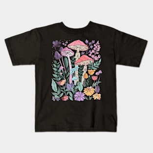 Goblincore Dark Cottagecore Cute Mushroom Purple Floral Garden Kids T-Shirt